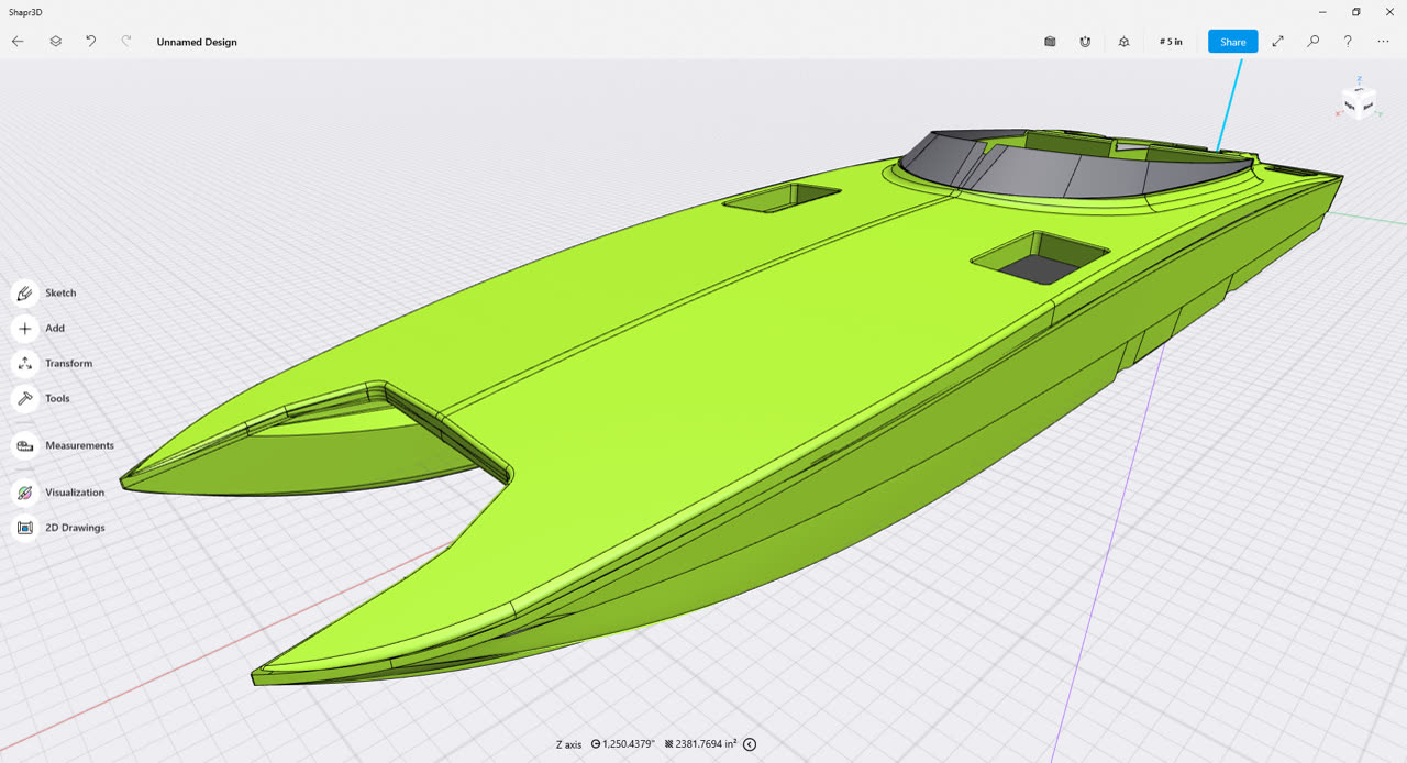 CAD model of the Platinum 428 catamaran hull design