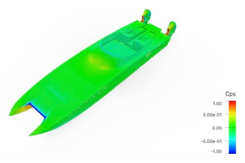 CFD pressure coefficient map across the Platinum 428 hull and canopy