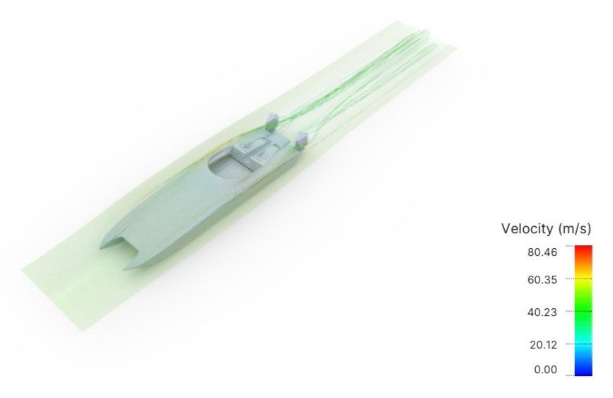CFD airflow streamlines over the Platinum 428 at speed
