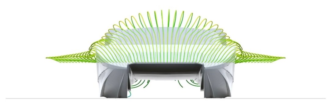 Bow-on CFD streamlines wrapping the Platinum 428 canopy