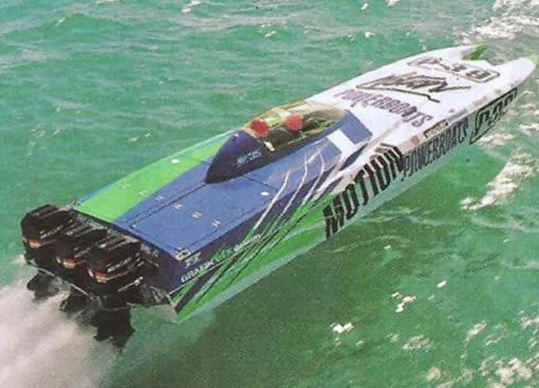 Motion offshore racing catamaran at speed — the founders' racing heritage